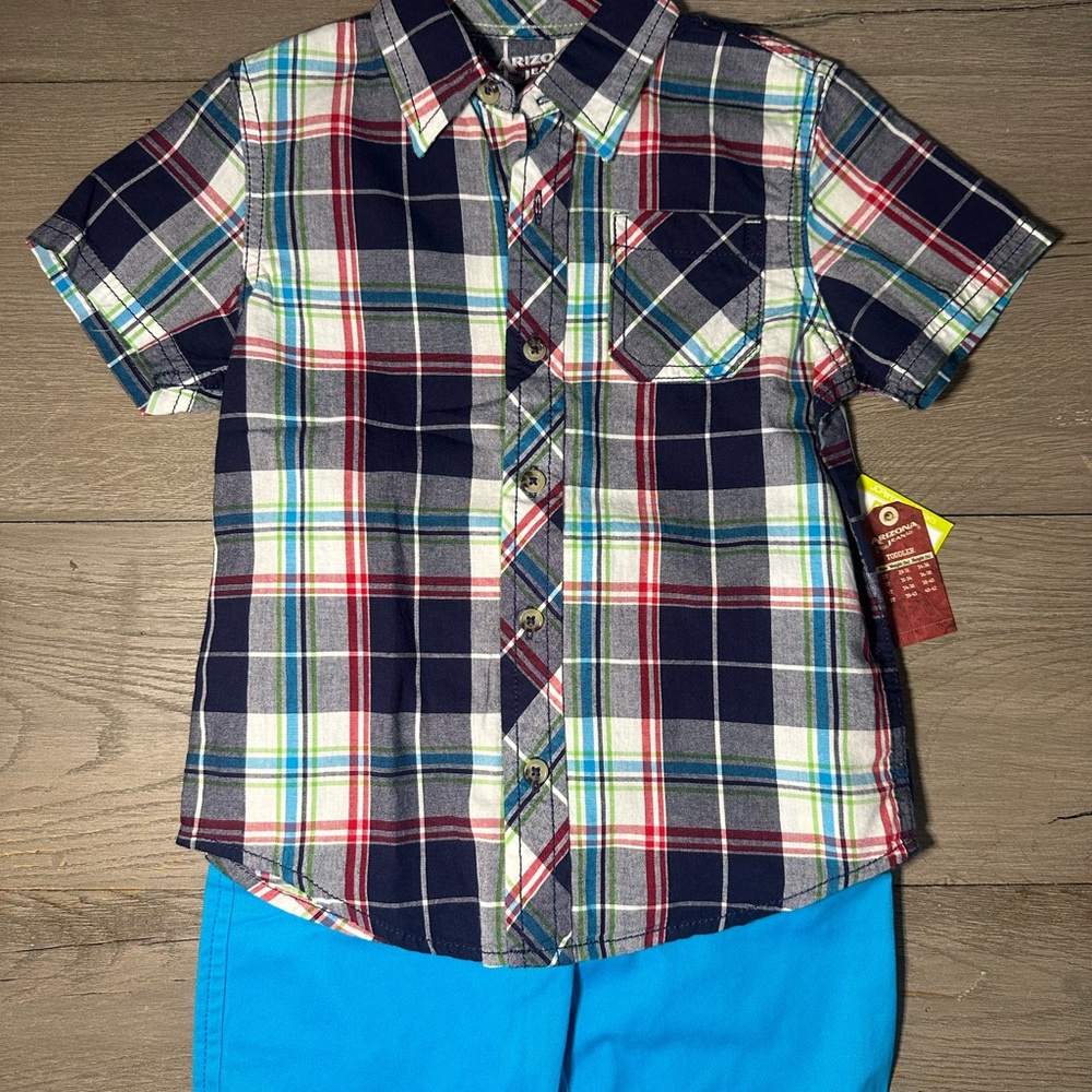 NWT Arizona Jean Co Plaid Short Sleeve Kids Shirt and short set boys size 5